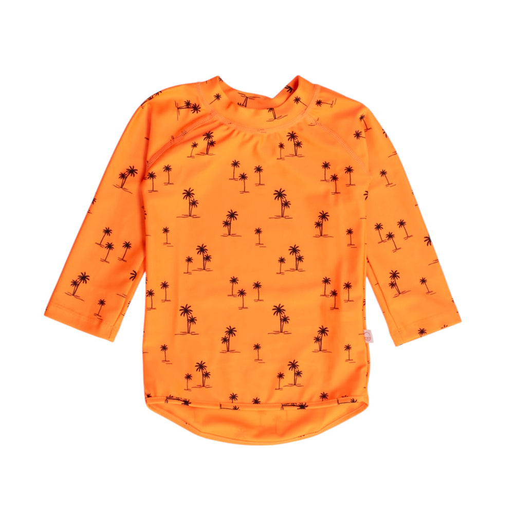Orange long-sleeve swim rash vest with orange palms patterns on a white background