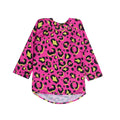 Pink long-sleeve swim rash vest with leopard print on a white background