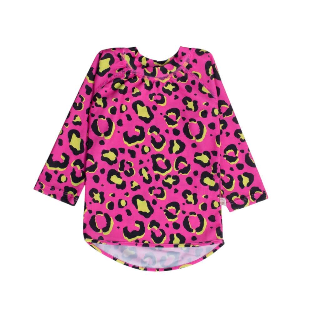 Pink long-sleeve swim rash vest with leopard print on a white background