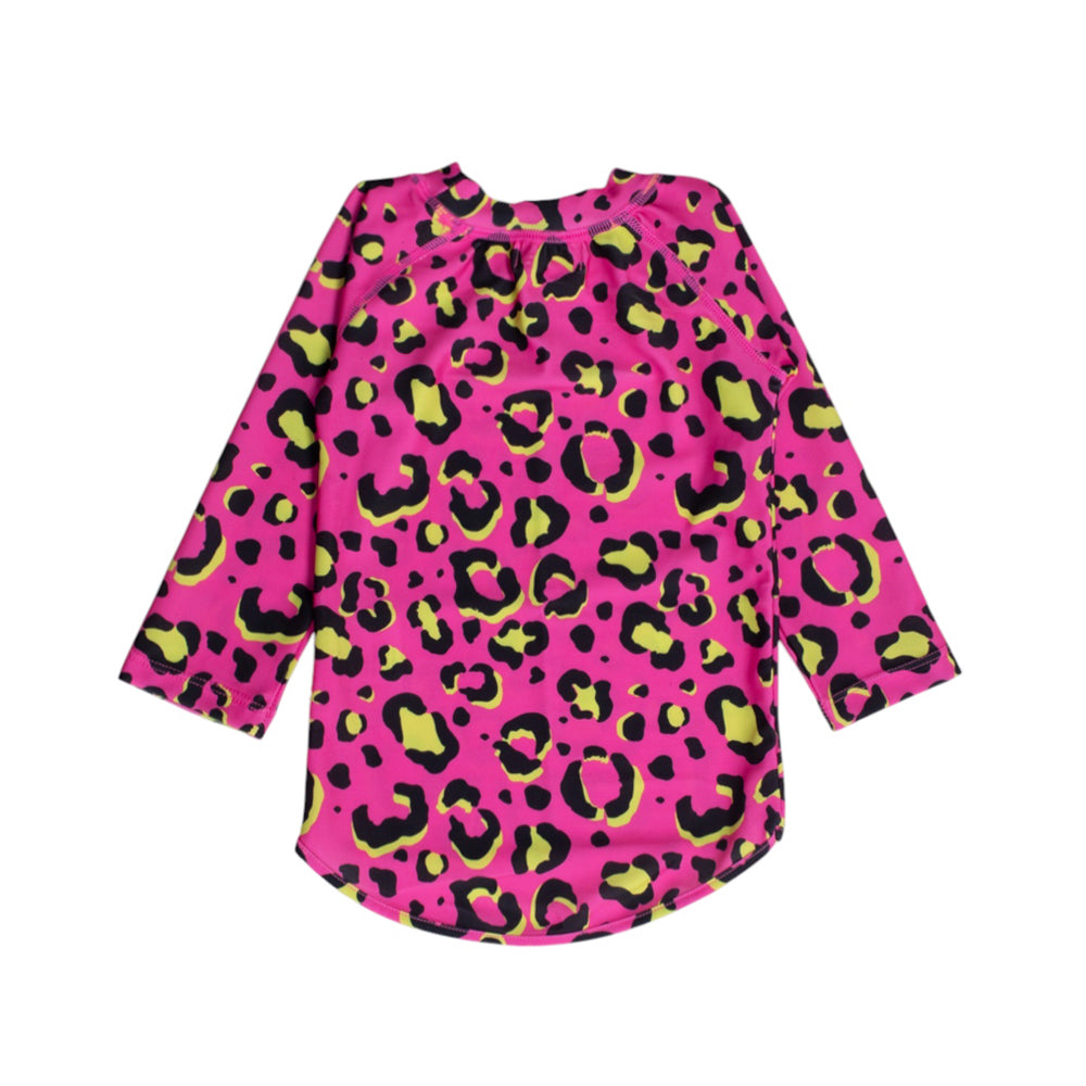 Pink rash vest with black and yellow leopard print on a white background