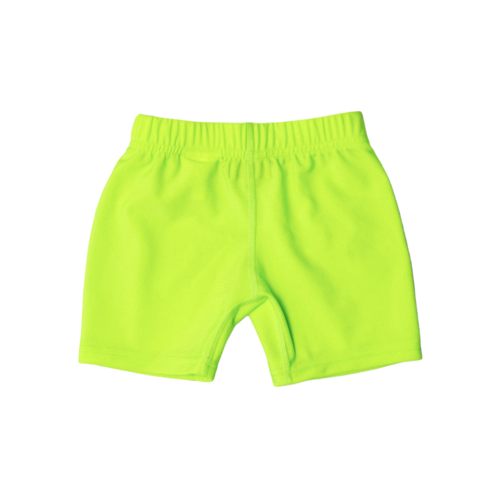 Neon green swim shorts on a white background