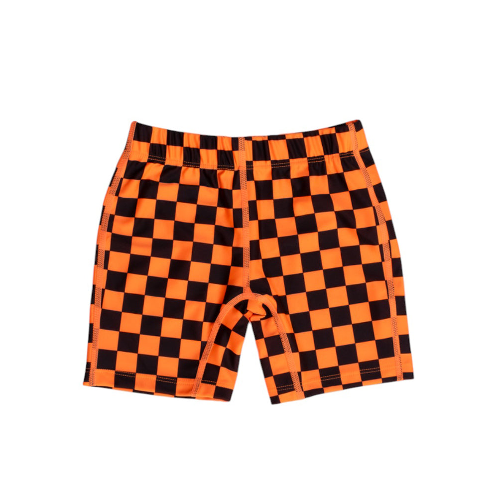Neon orange and black checkered swim shorts on a white background