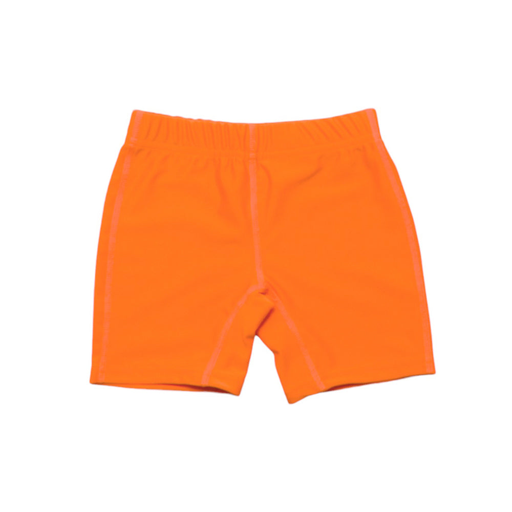 Neon orange swim shorts on a white background
