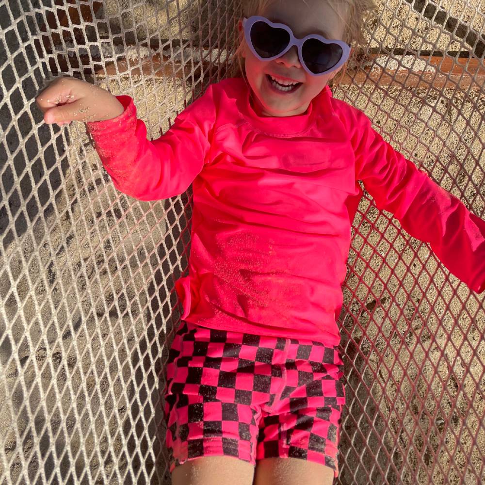 Neon Swim Shorts - Neon Pink Check