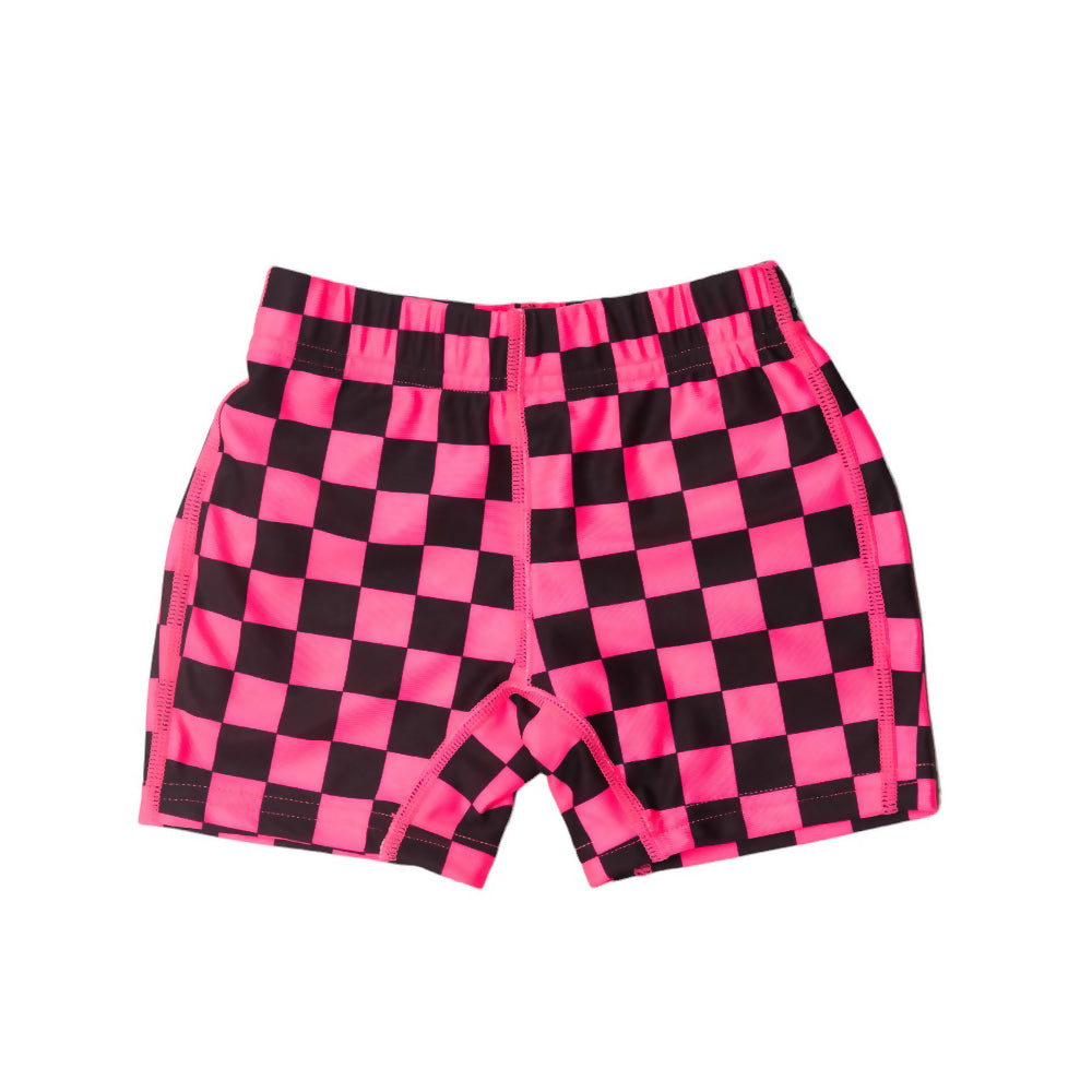 Checkered neon swim jammers with pink and black pattern on a white background