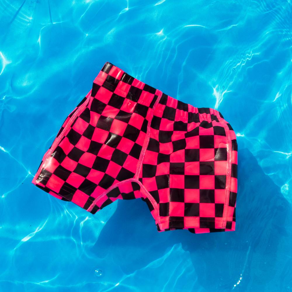 Neon Swim Shorts - Neon Pink Check