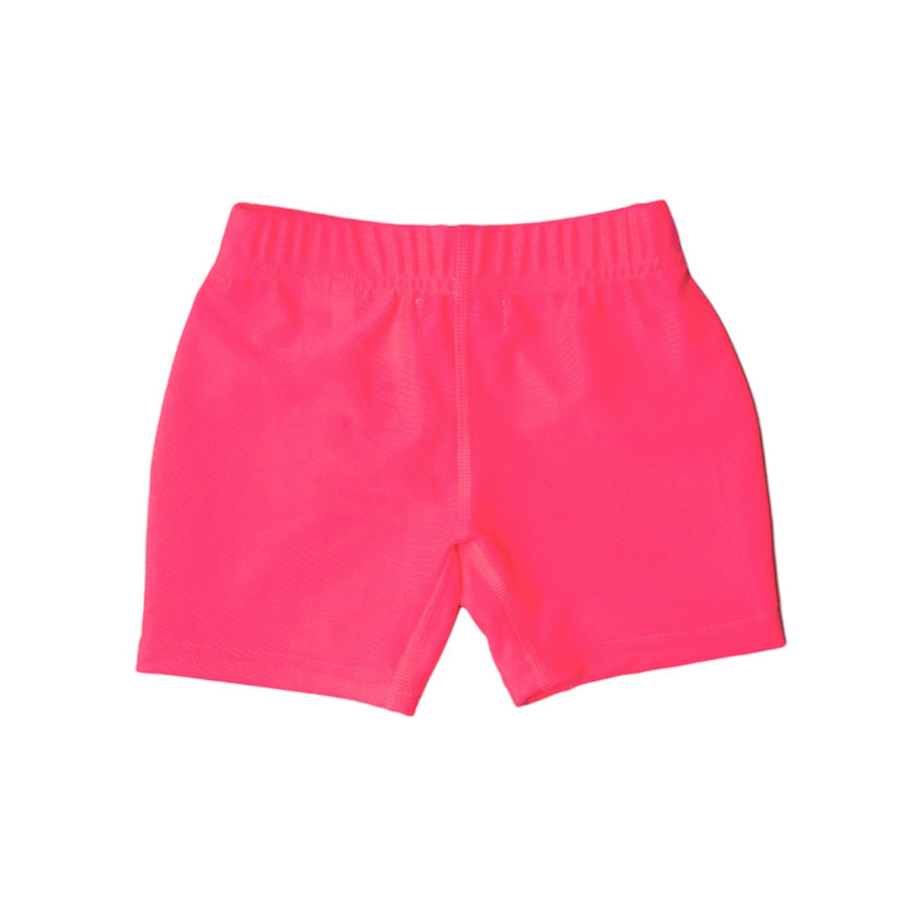 Bright neon pink swim shorts on a white background