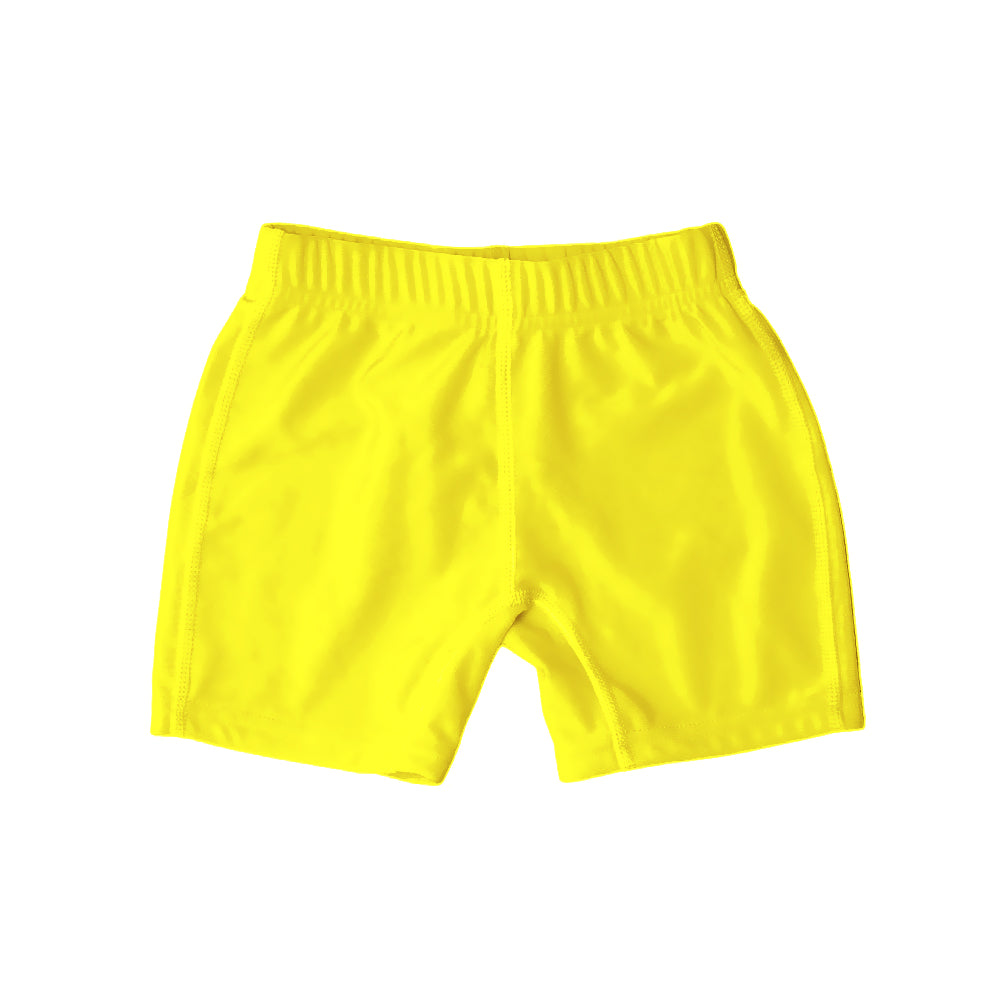 Neon yellow swim shorts on a white background