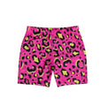 Neon swim shorts with pink leopard pattern on a white background