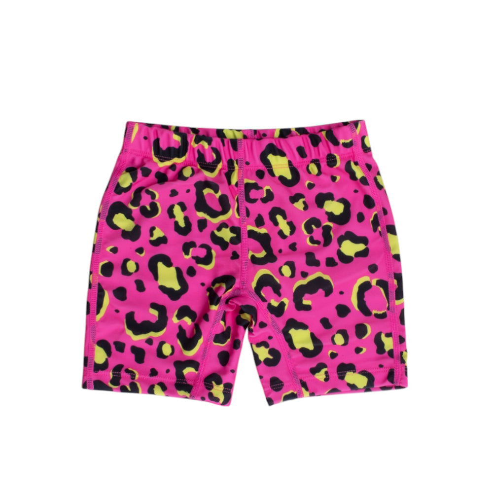 Neon swim shorts with pink leopard pattern on a white background