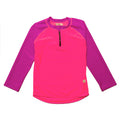 Pink and purple long-sleeve swim rash vest on a white background