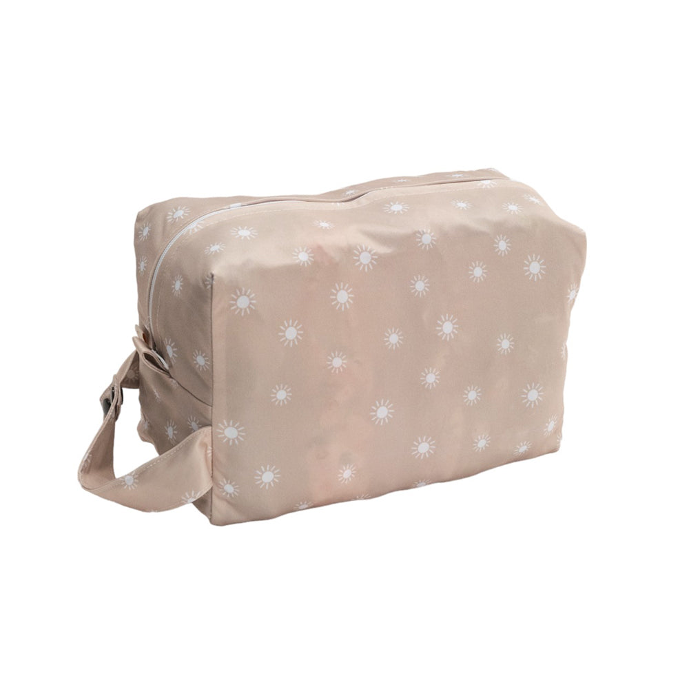 Beige toiletry bag with white star pattern on a white background