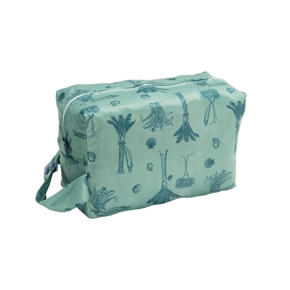 Green travel shoe storage pod with pattern on a white background