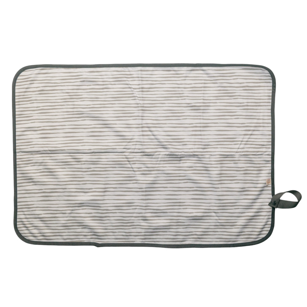 Striped out & about change mat with a black border on a white background