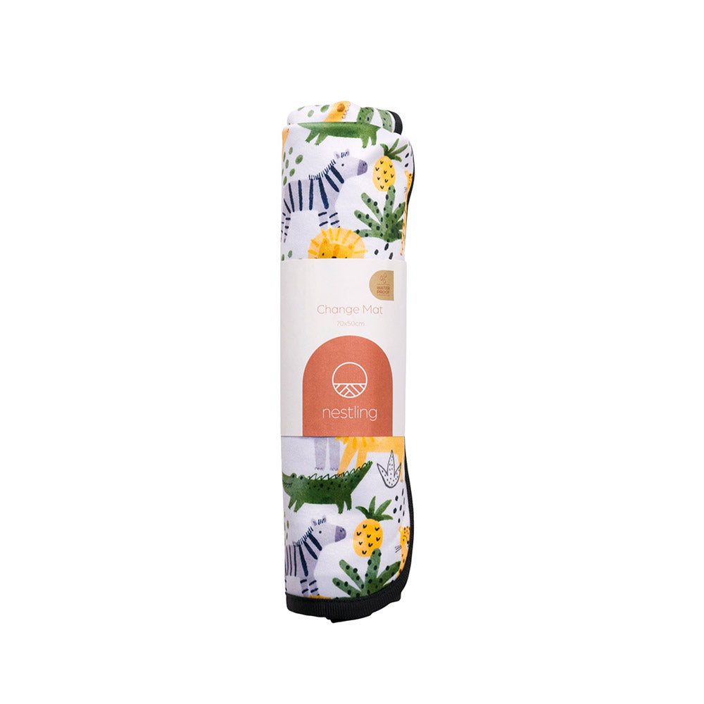 Safari patterned out and about change mat rolled up with 'nestling' branding on a white background
