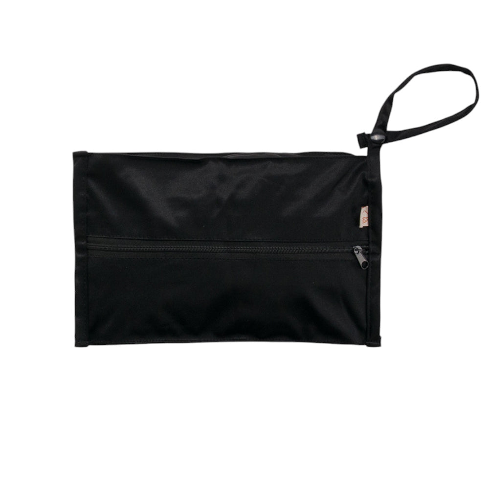 Black reusable baby wipes clutch bag with a strap on a white background