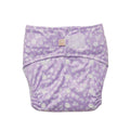 Reusuable nappy with velcro and snaps in purple floral design on a white background