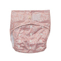 Reusuable nappy with velcro and snaps in pink art design on a white background
