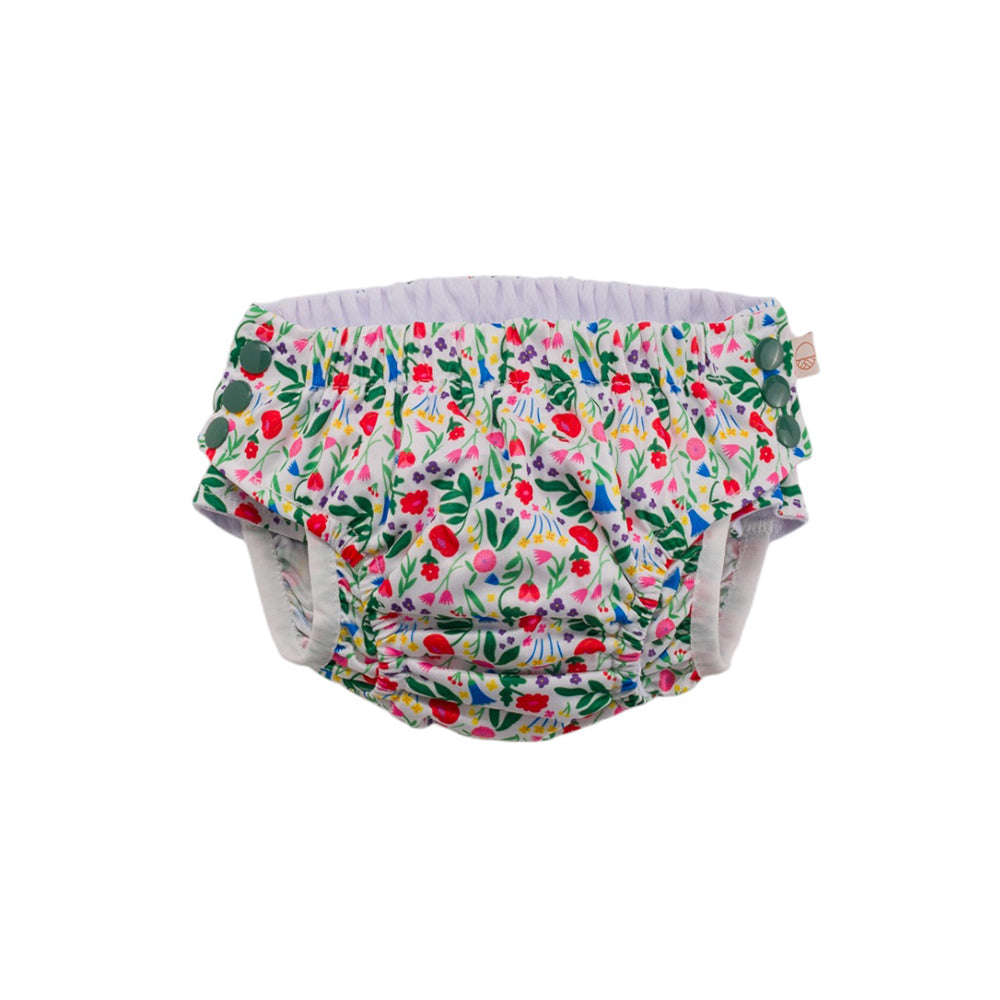 Floral-patterned reusable swim nappy on a white background