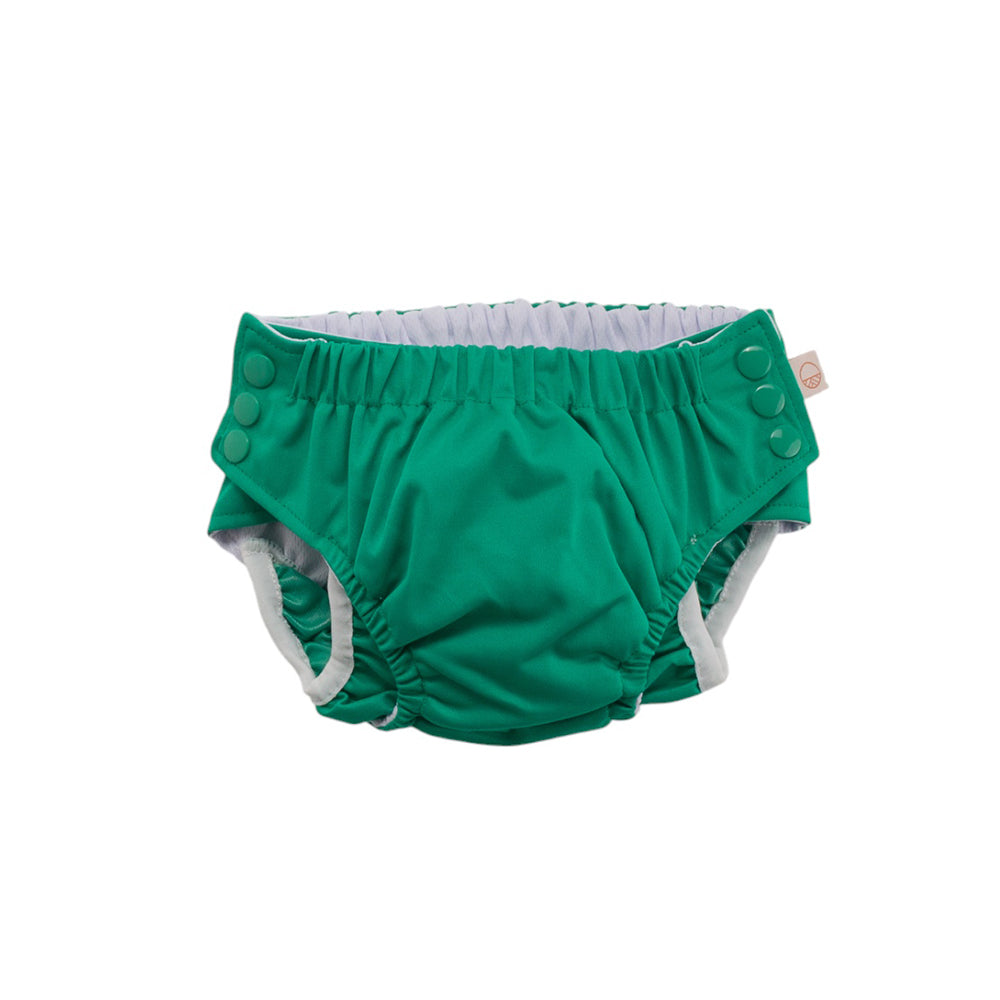 Green reusable swim nappy with snaps on a white background