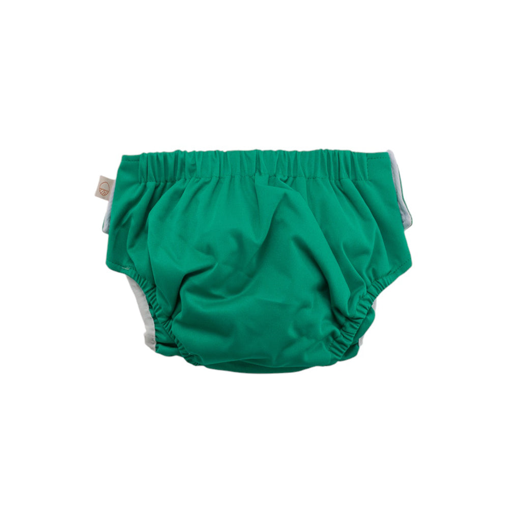 Green reusable Nestling Swim Nappy on a white background