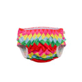 Colourful swim nappy with a bright diamond pattern on a white background