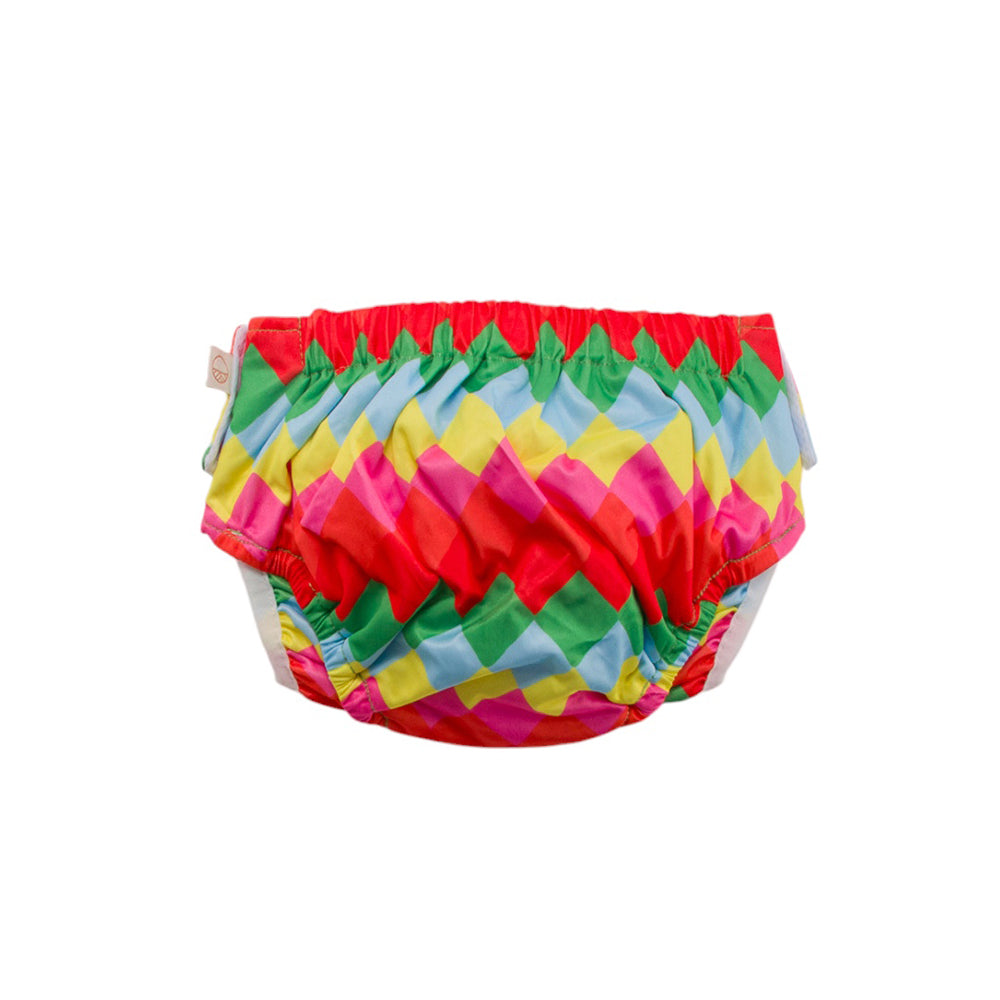Brightly coloured swim nappy with a diamond pattern on a white background
