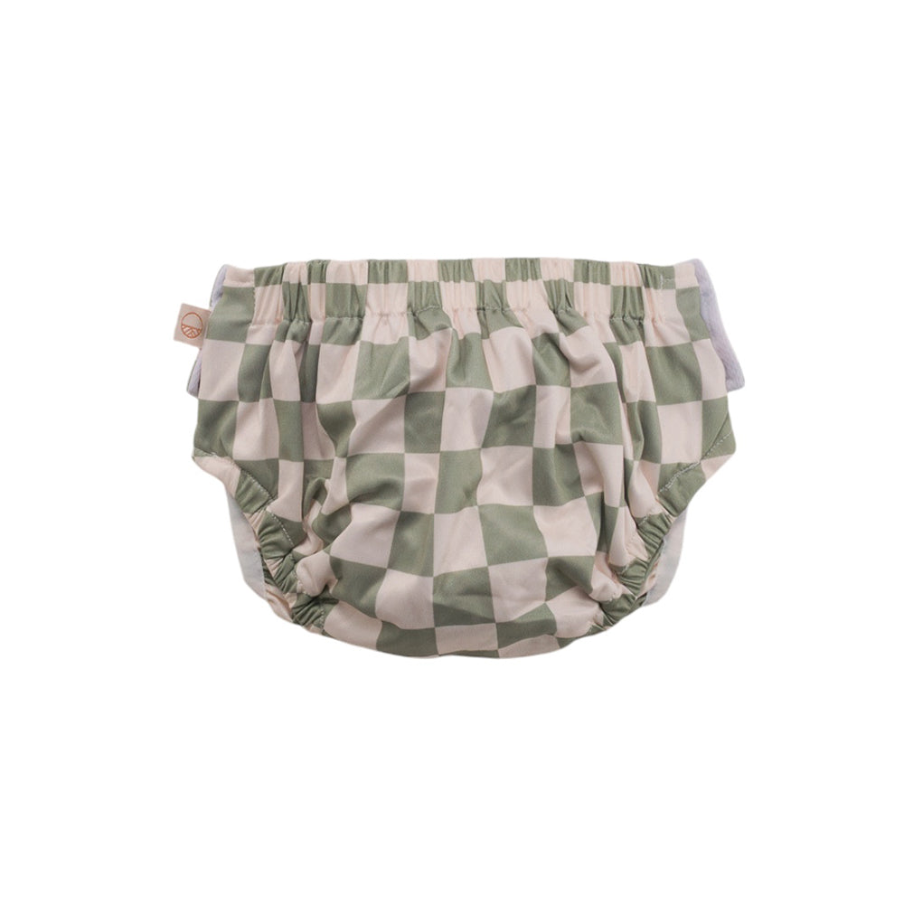 Reusable swim nappy with a green and white checkered pattern on a white background