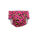 Pink swim nappy with leopard print pattern on a white background