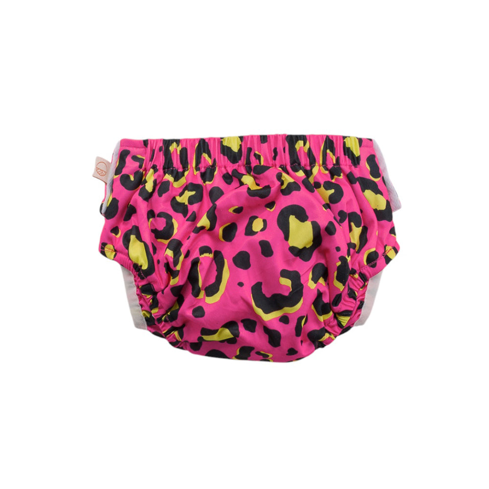 Pink Nestling swim nappy with leopard print on a white background