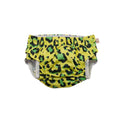 Yellow swim nappy with green leopard print on a white background