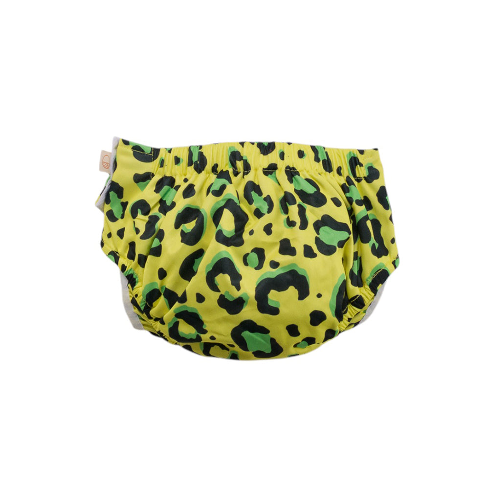 Yellow swim nappy with green and black leopard print on a white background