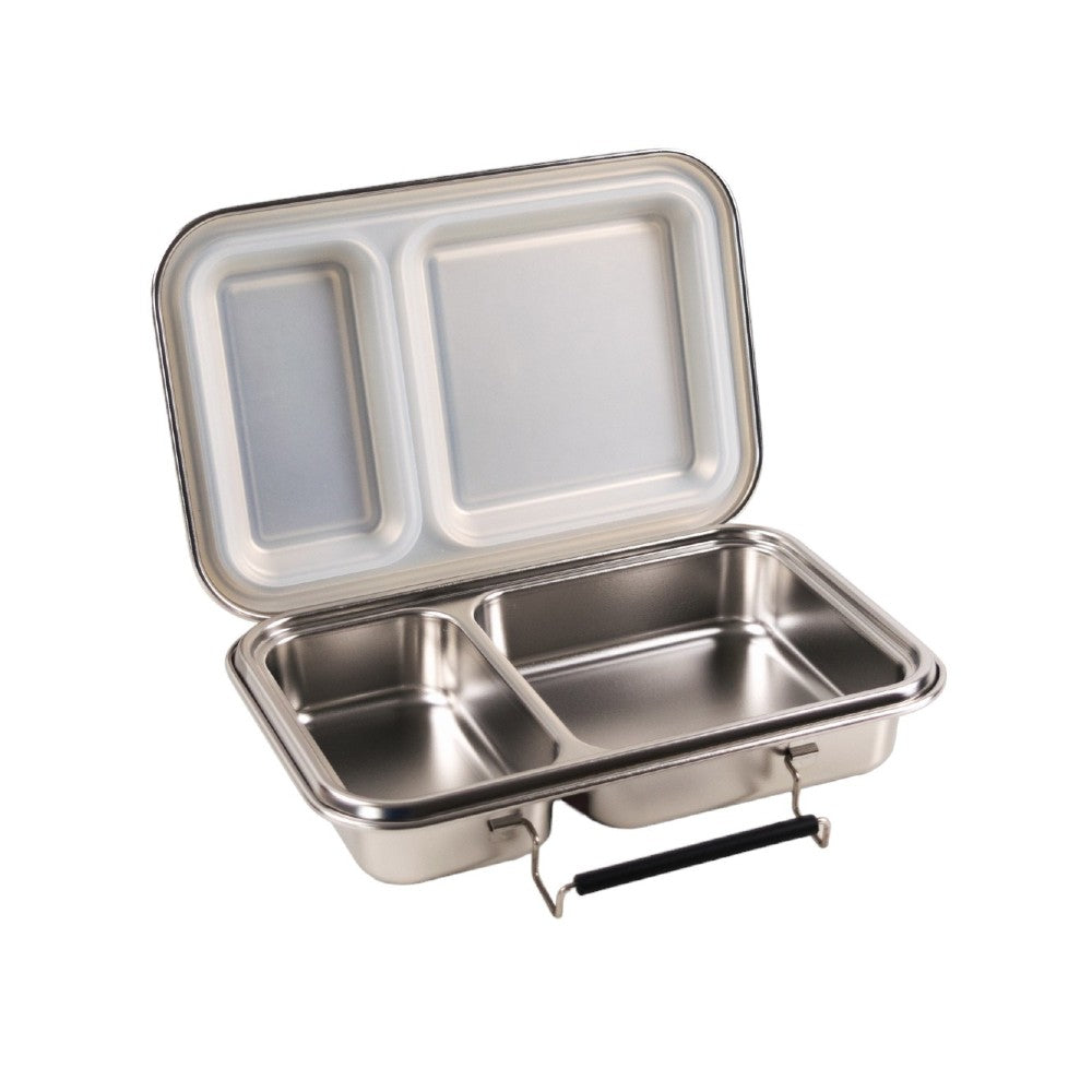 Stainless steel compartmentalized food container with lid on a white background