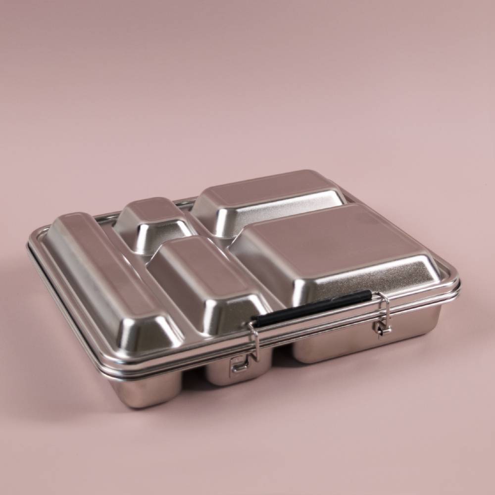 Metallic silver Jumbo Bento lunchbox on a pink background