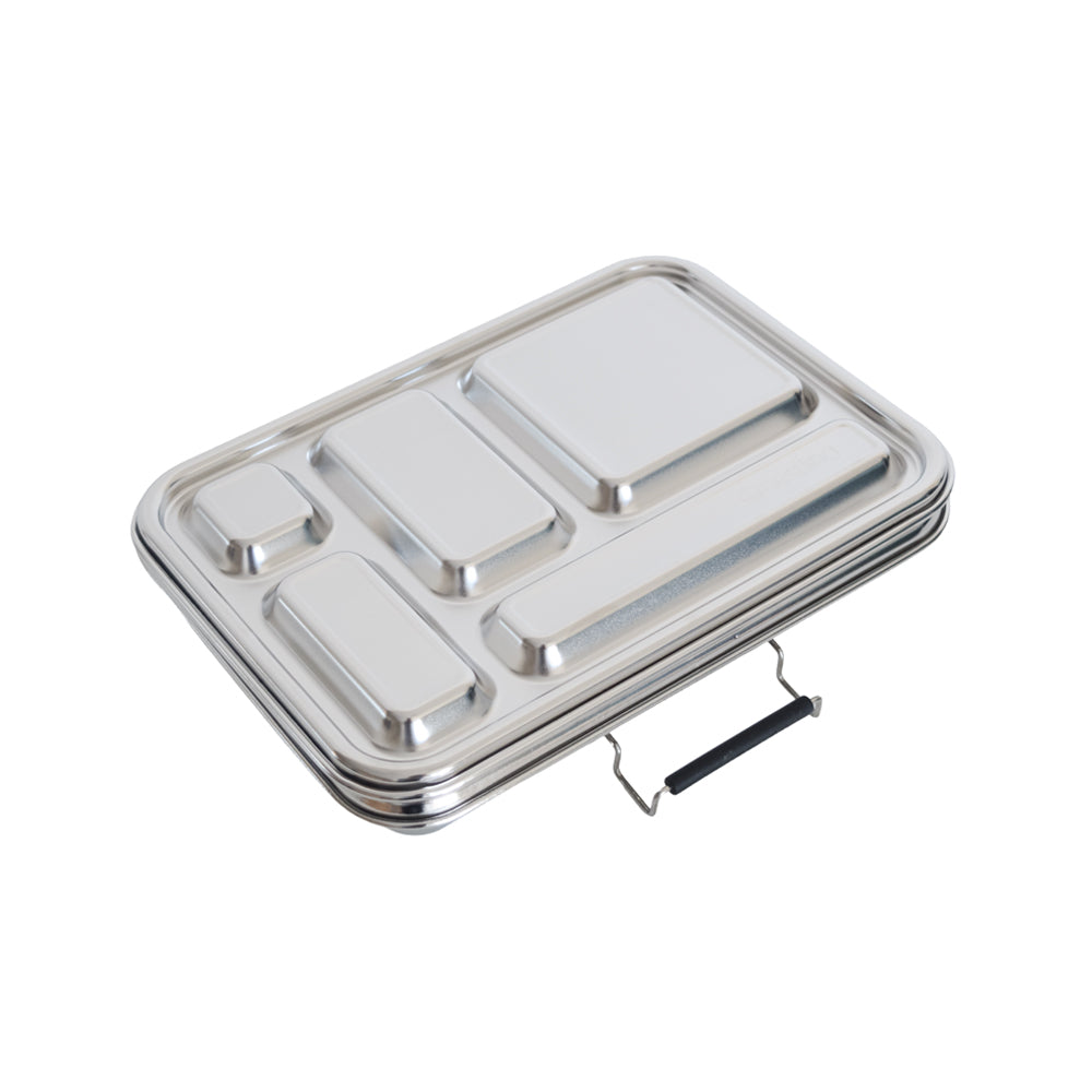 Stainless steel food tray with compartments on a white background