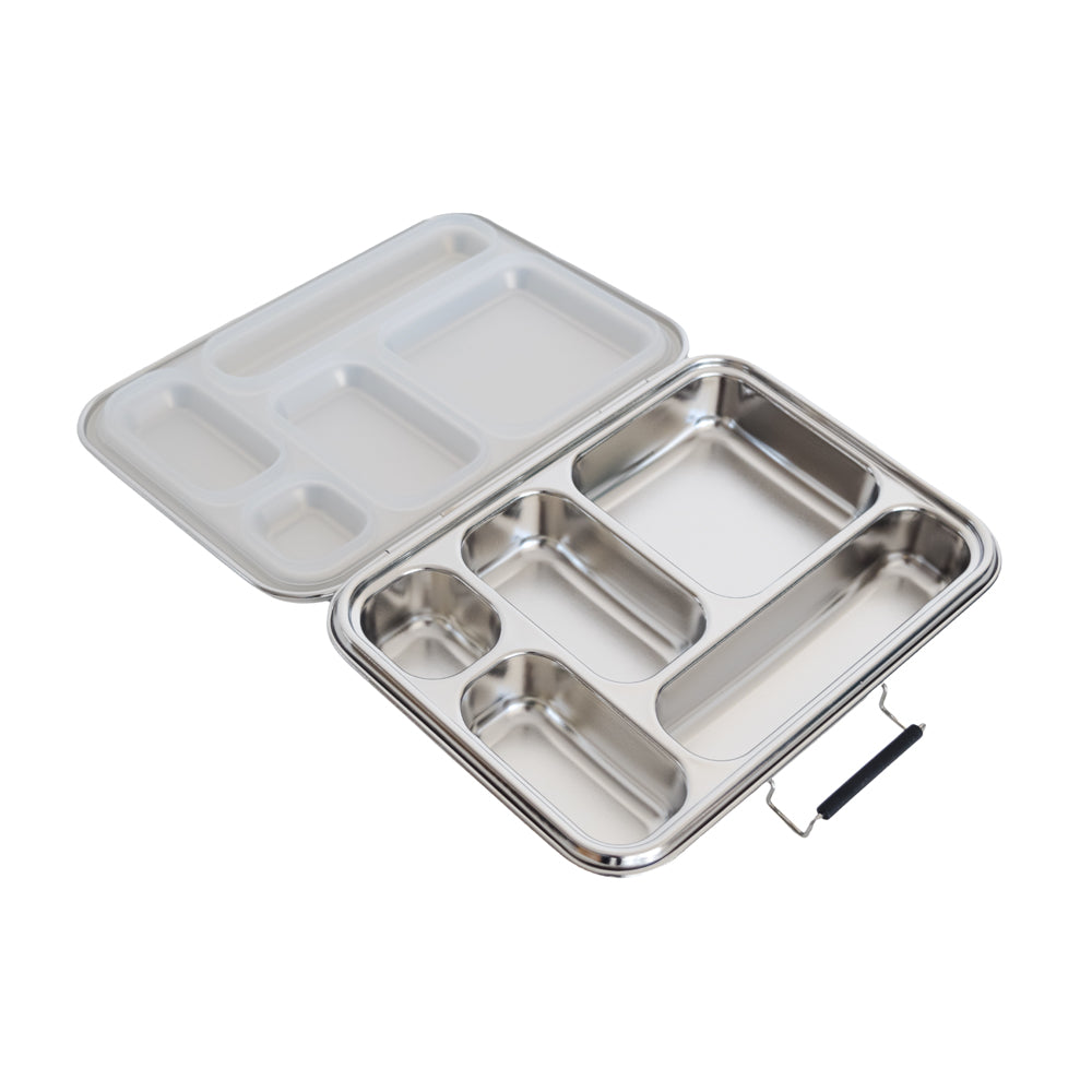 Stainless steel compartmentalized food tray with lid on a white background