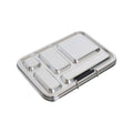 Silver bento box with multiple compartments on a white background