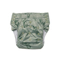 Reusable toddler pull-up style nappy with a sage rabbit pattern on a white background