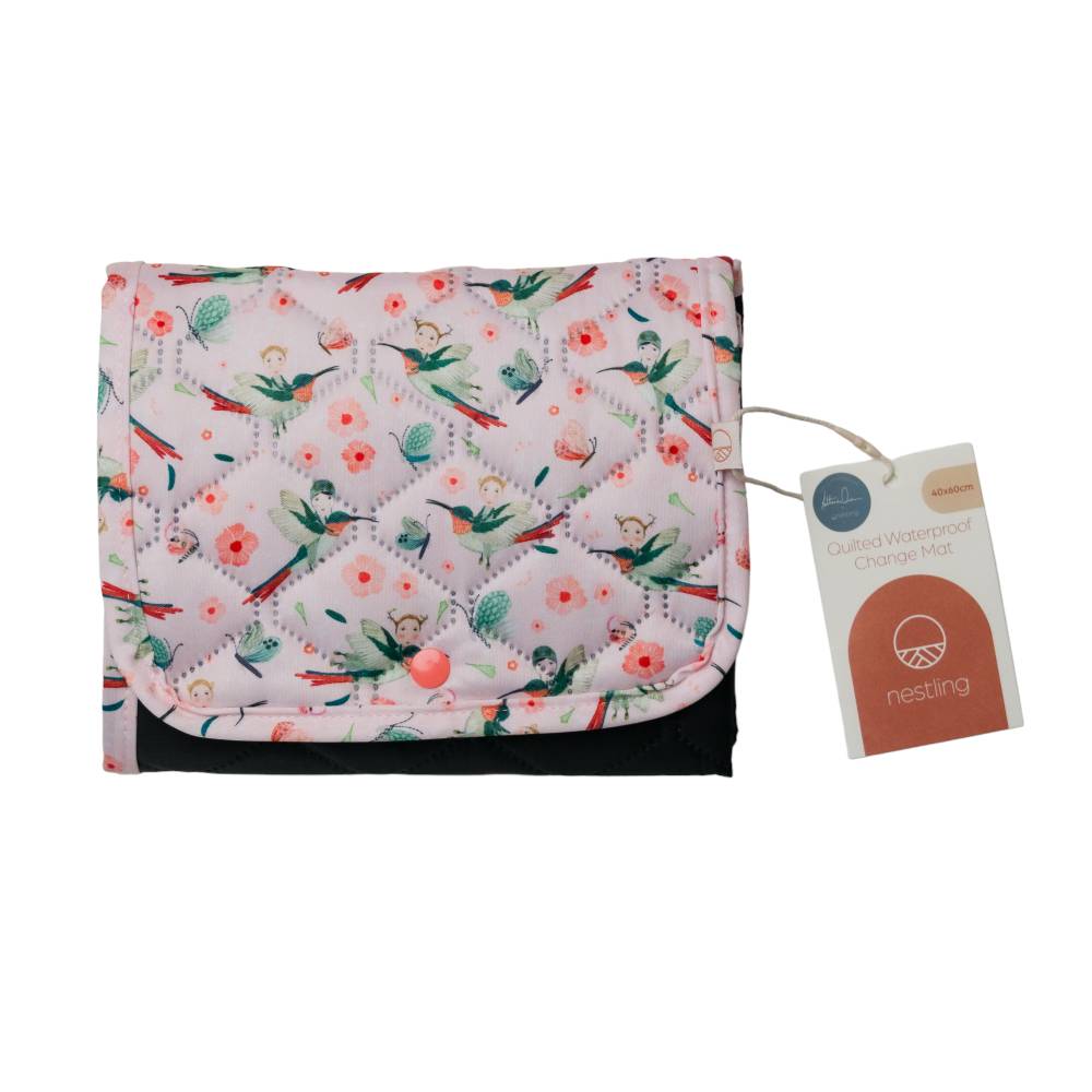Floral-patterned change purse with a tag on a white background