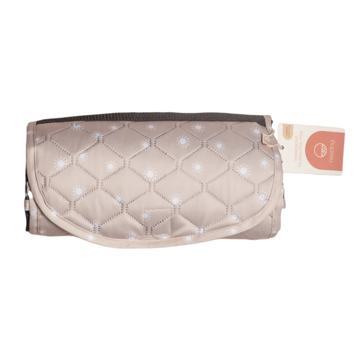A quilted diaper bag in a light beige/taupe color with a white sunburst pattern, featuring a dark gray zipper and a hangtag.
