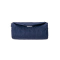 A navy blue quilted kids play mat with a diamond pattern, shown rolled up on a plain white background.
