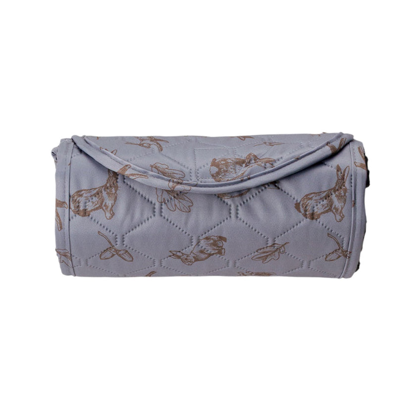 A light gray quilted fabric pouch with a brown rabbit pattern, shown against a plain white background.