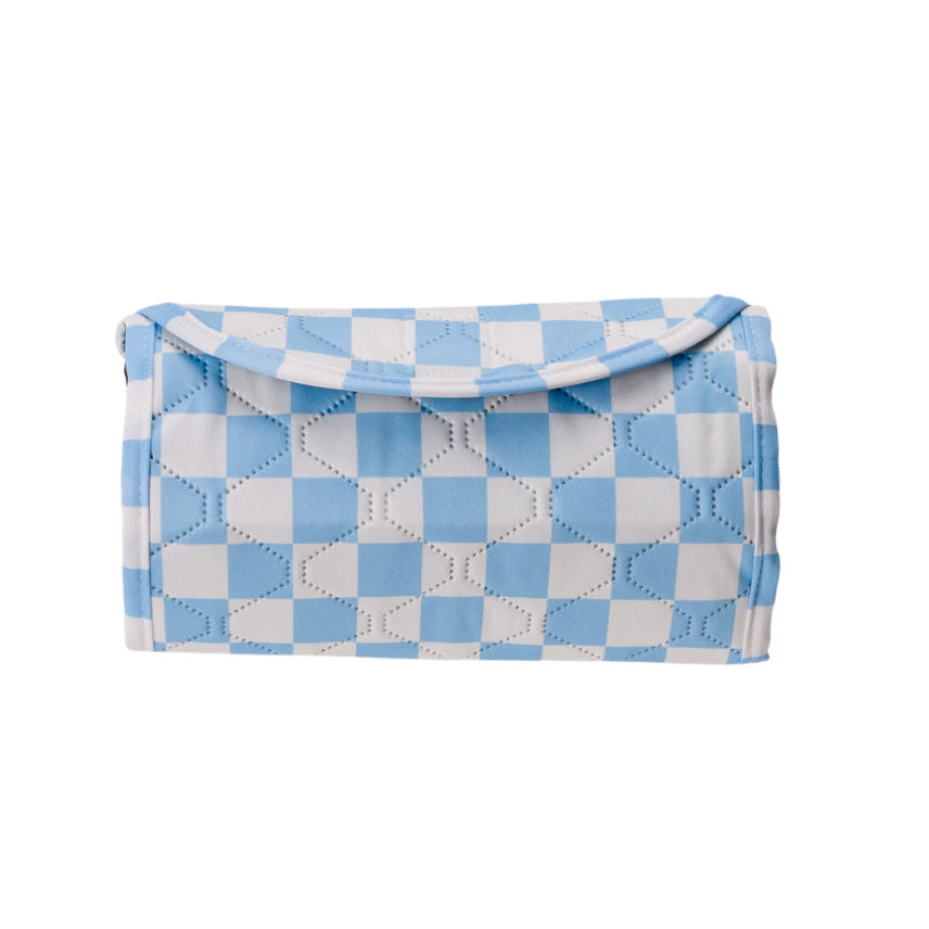 Blue check waterproof kids play mat on white background