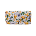A folded kids play mat with a flap closure, featuring a playful safari print of yellow giraffes, green palm trees, and purple foliage on a white background.