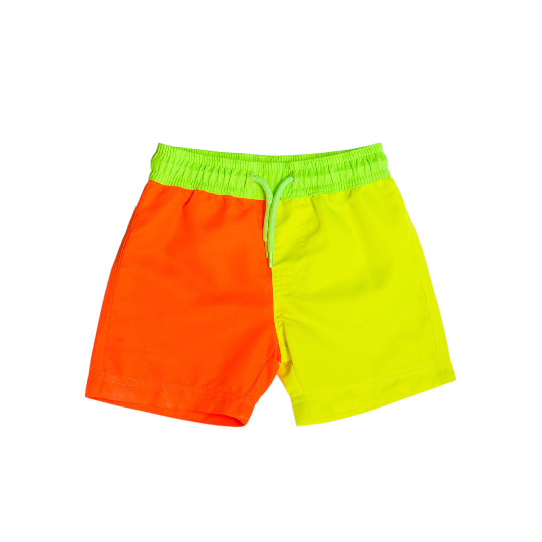 Neon Boardshorts in orange and yellow with green band on a white background