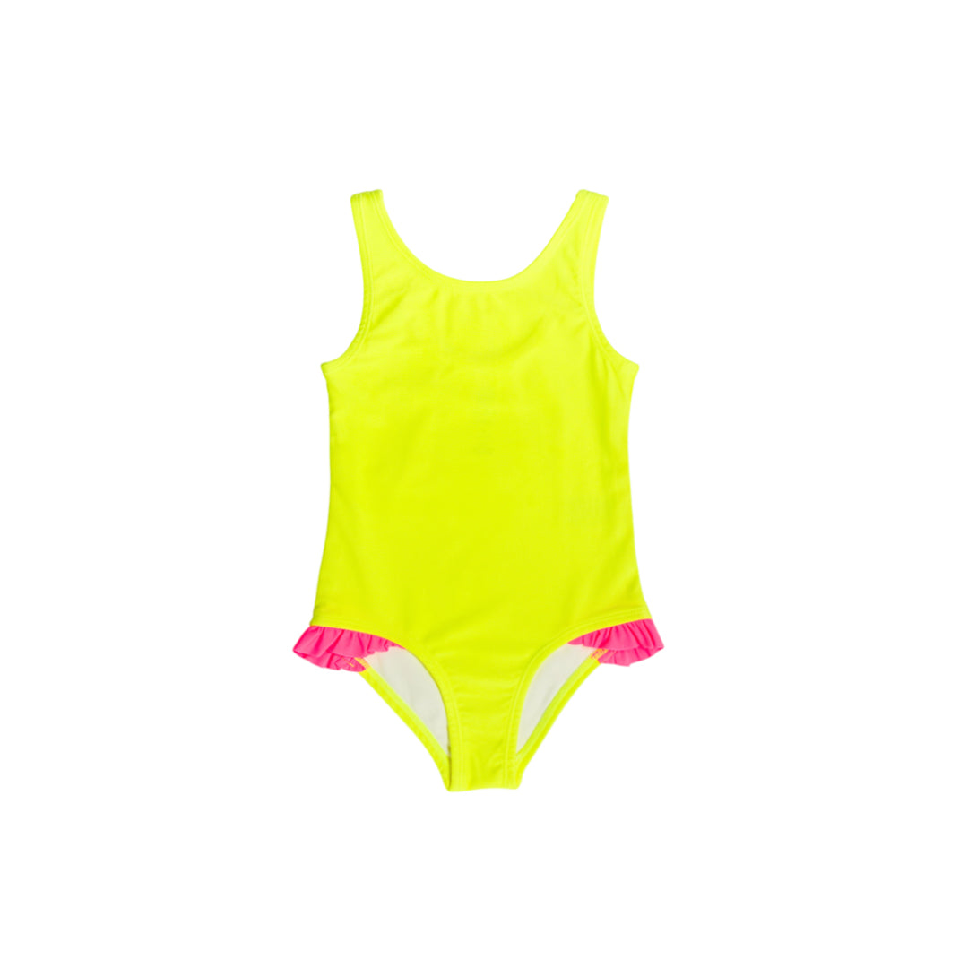Girls Swimsuit in Neon Yellow n on a white background