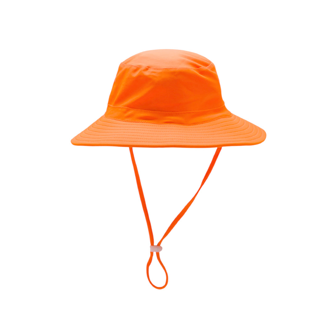 Swim bucket hat in neon orange on a white background