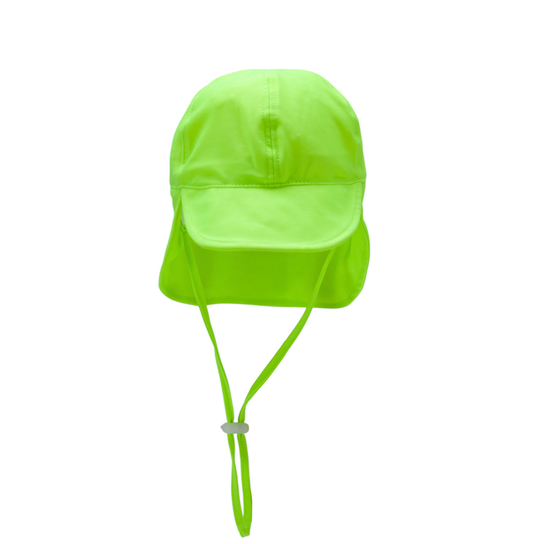 Neon green swim legionnaire hat with a strap on a white background