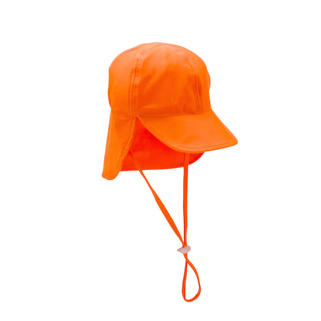 Swimsafe neon orange legionnaires swim hat with a strap on a white background
