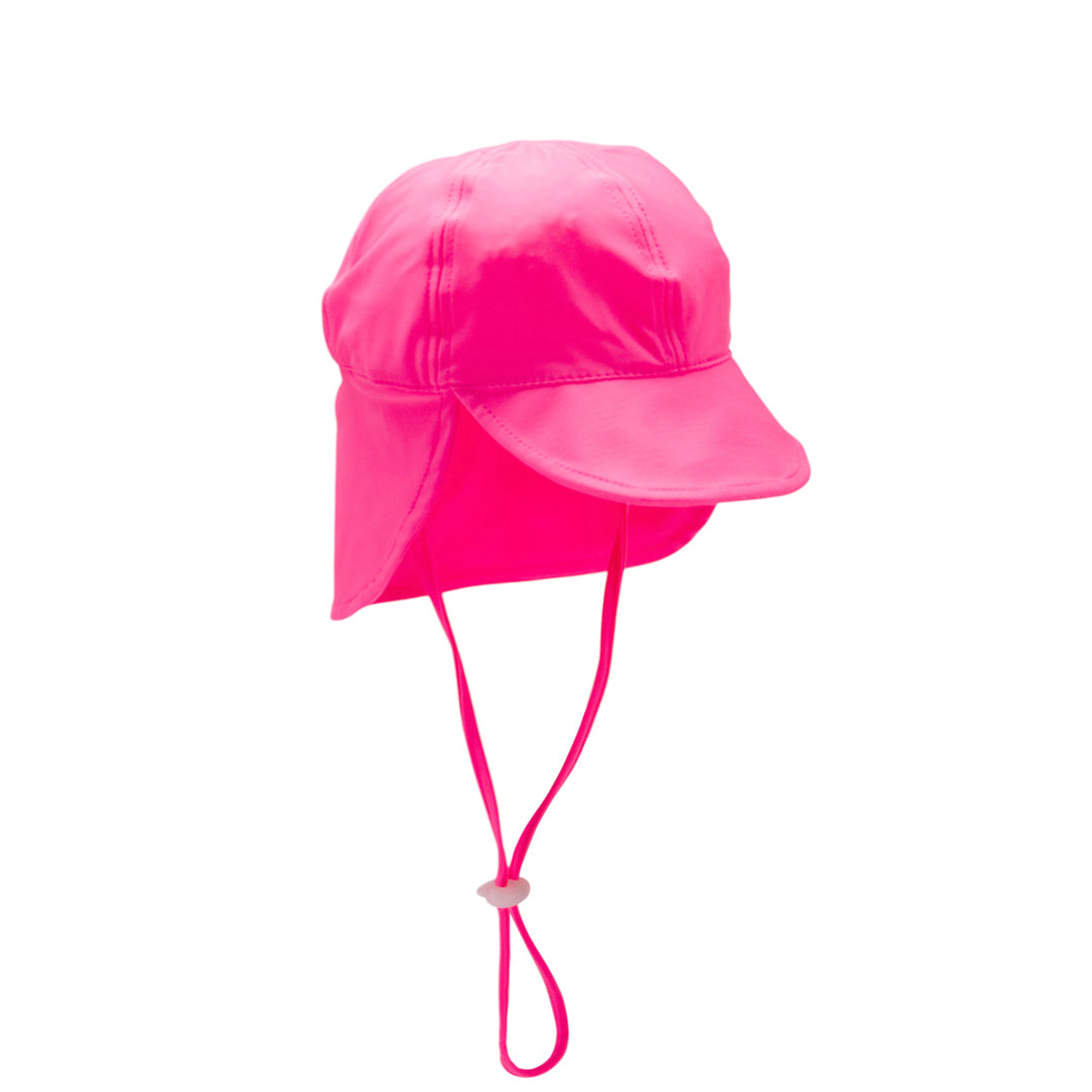 Neon Pink swim hat with a chin strap on a white background